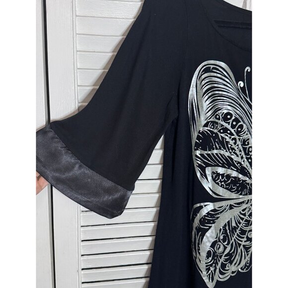 VTG Forever Womens Y2K Black Butterfly Silver Print Tunic Sz L Fairycore Boho - Picture 4 of 9